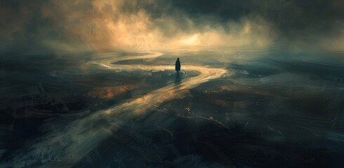 Fototapeta premium Lonely figure on path through misty landscape. A single person walks a winding path through a mystical, misty landscape, with golden light illuminating the scene.