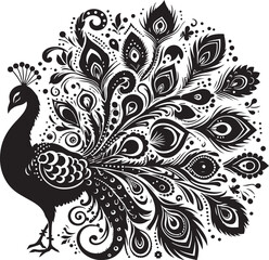A striking peacock silhouette stands proudly, its magnificent tail feathers fanned out in a mesmerizing display of grandeur. The elegant curves and intricate details exude grace, beauty, and regal pre