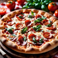 Delicious Pepperoni Pizza with Fresh Basil.