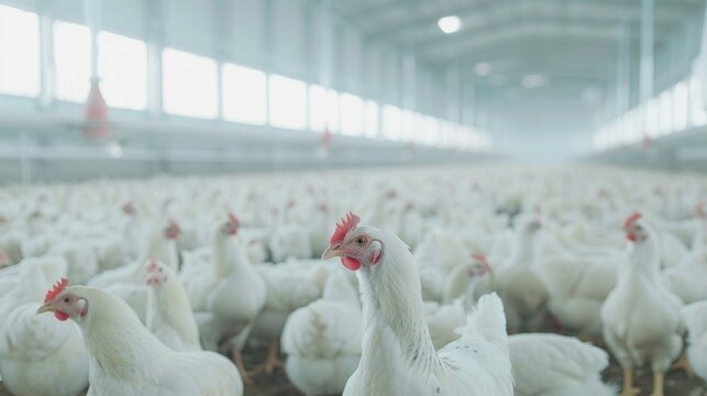 A large flock of white chickens are in a barn