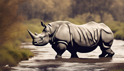 Fototapeta premium Natural images with flowing rivers using images of rhinos