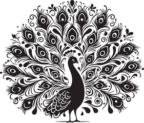 Obraz premium A striking peacock silhouette stands proudly, its magnificent tail feathers fanned out in a mesmerizing display of grandeur. The elegant curves and intricate details exude grace, beauty, and regal pre