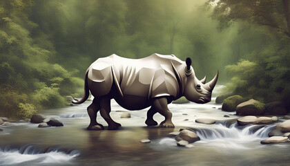 Fototapeta premium Natural images with flowing rivers using images of rhinos