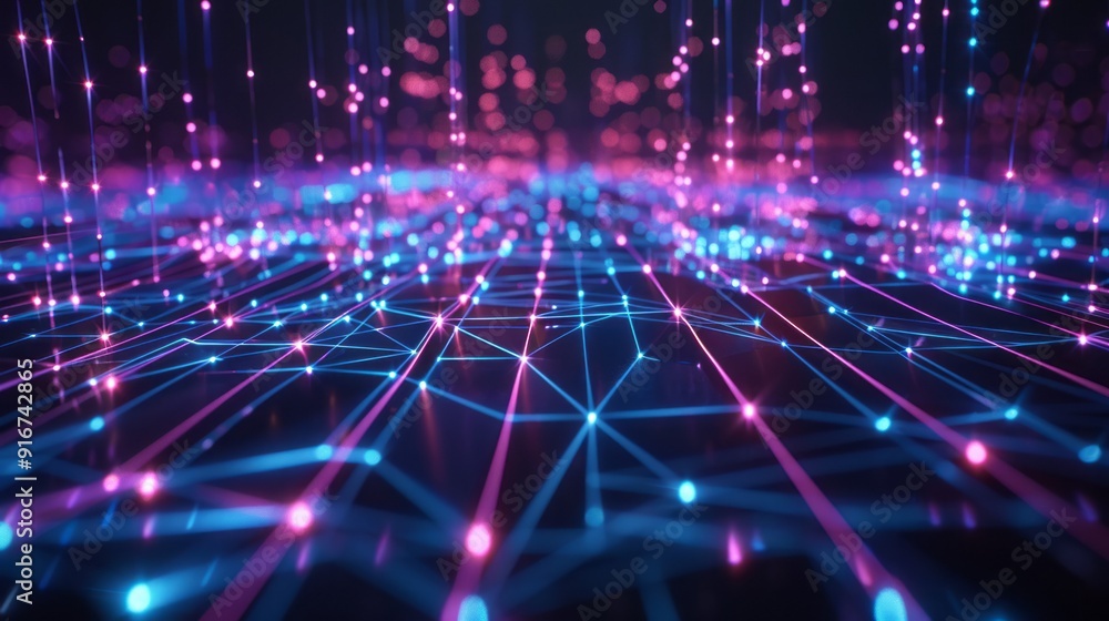 Poster abstract neon grid network. a futuristic, abstract representation of a network. glowing blue and pin