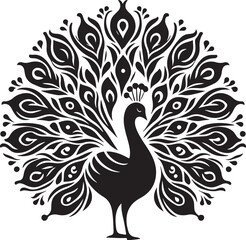 A striking peacock silhouette stands proudly, its magnificent tail feathers fanned out in a mesmerizing display of grandeur. The elegant curves and intricate details exude grace, beauty, and regal pre