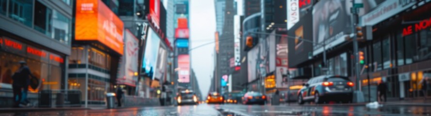Naklejka premium Busy city street with neon lights and rain. A blurry image of a bustling city street with neon signs, rain, and cars passing by.