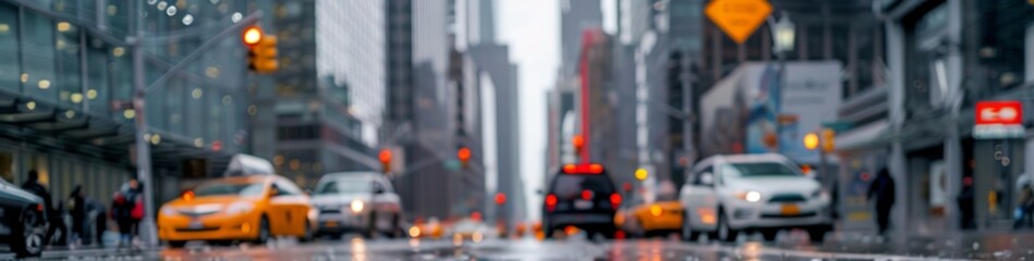 Cityscape blurred vehicles and pedestrians. Abstract view of vehicles and individuals walking on a city street, with buildings in the background and a blurred effect.