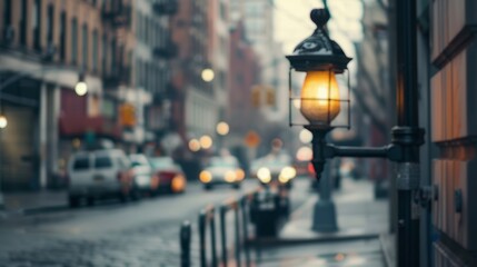 Illuminated street light in urban setting. A solitary street light illuminates a blurred urban scene, with vehicles and buildings in the background, creating a sense of quiet solitude.