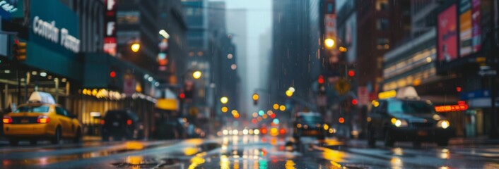 Fototapeta premium Rainy cityscape at night. A blurry, yet captivating picture of an urban scene, featuring rain falling on a street illuminated by streetlights and the reflections of vehicle lights on the wet asphalt.