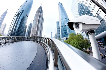 Security camera mounted on a pole overlooking a city street with tall buildings.