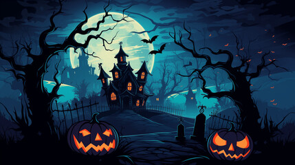 Spooky Haunted House With Full Moon Blue Sky And Pumpkin Graveyard With Bats And Creepy Trees Halloween Night