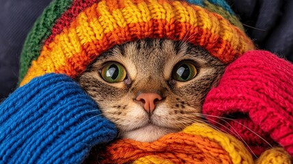 Funny Cat With A Knitted Scarf In An Autumn Composition