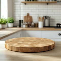 A wooden cutting board sits on a countertop in a kitchen. The kitchen is well-equipped with various utensils and appliances, including a knife, a spoon, and a bowl. The countertop is made of wood