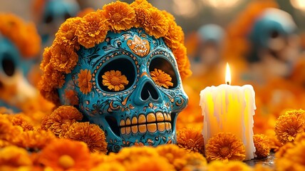 Detailed 3D animated skull doll with a candle and marigold, performing a humorous gesture, with papel picado creating a colorful, blurred background, perfect for Day of the Dead imagery