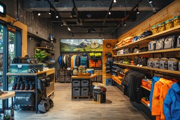 Small outdoor clothing and backpacks shop interior with wooden walls