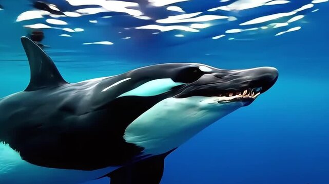 A close-up of an orca whale's face