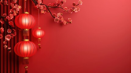 Chinese New Year Template Frame and Lanterns on 3D Patterned Background. Red Asian design with copy-space