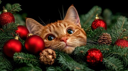 Ginger Cat And Decorated Christmas Tree, New Year Celebration