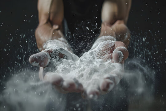 A close-up of athletes rubbing magnesium powder on their hands