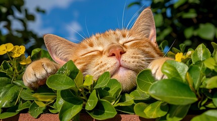 Obraz premium Ginger Cat Basking In The Winter Sun In Cyprus