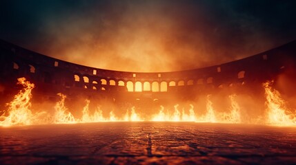 Flickering flames around the Coliseum, with a misty haze, capturing the majestic and atmospheric essence of the ancient arena 8K , high-resolution, ultra HD,up32K HD