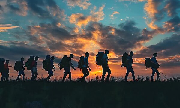 group patriot walking on sunset