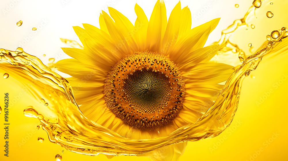 Wall mural liquid vegetable sunflower oil, bio organic seeds cooking oil 3d splash and fresh sunflower isolated