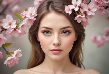 Naklejka premium portrait of a woman with pink flowers, ai