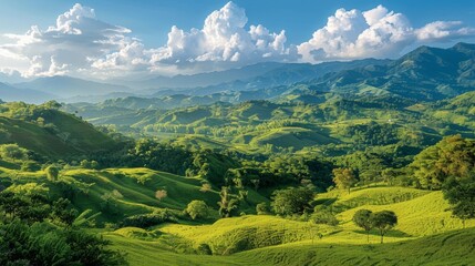 Obraz premium Expansive landscape, rolling hills under a clear blue sky, lush greenery and tranquil atmosphere, capturing the beauty of nature