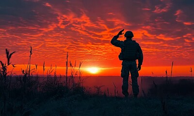 Soldier in uniform saluting outdoors. Military service - Powered by Adobe