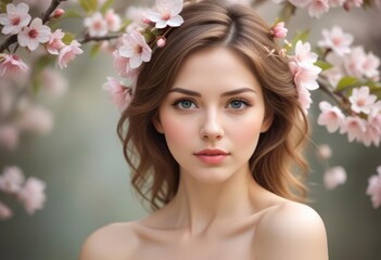 Naklejka premium portrait of a woman with pink flowers, ai