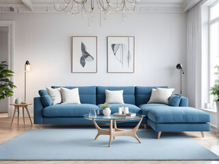 Bright home living room interior with blue sofa, glass coffee table with decoration, carpet on hardwood floor. Relax space with scandinavian design. 3D rendering
