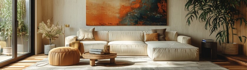 Stylish interior design, a modern living room with sleek furniture, artistic decor, and a harmonious color scheme, inviting and elegant