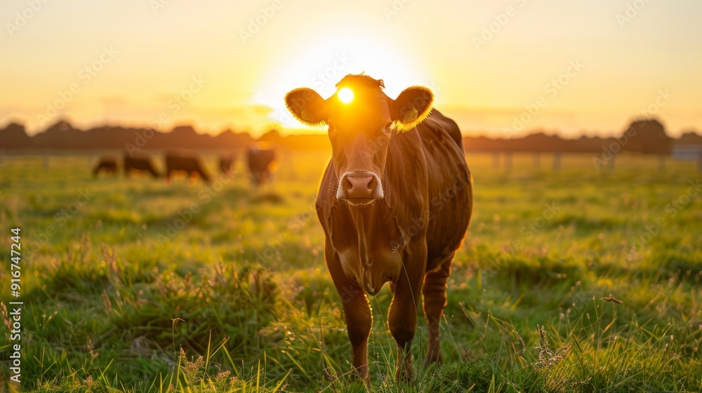 Poster a cow is standing in a field with the sun shining on it