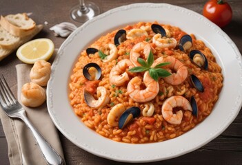 Fototapeta premium Risotto alla marinara with seafood, ai