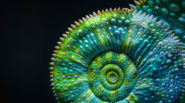 Detailed close up of a chameleon's skin, showcasing the intricate patterns of vibrant blue and green scales in concentric circles