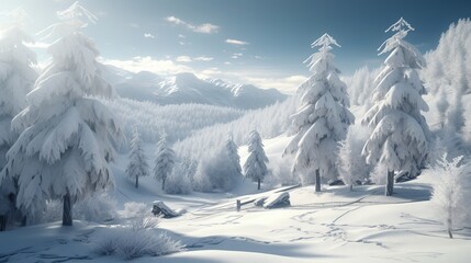 Obraz premium A snowy landscape with a few trees and a cabin in the distance