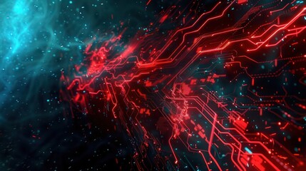 An intense 3D abstract design with neon red circuitry blazing against a cool, blue-black canvas