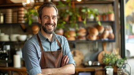 Fototapeta premium Proud entrepreneur in apron standing in his coffee shop portrait