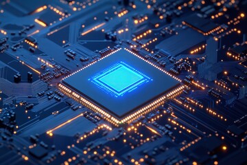 Obraz premium Glowing Blue Chip On Computer Motherboard