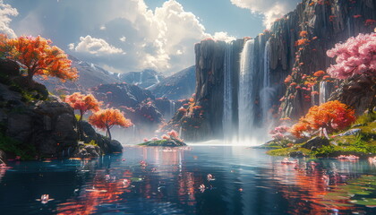 Autumn Waterfall and Calm Lake