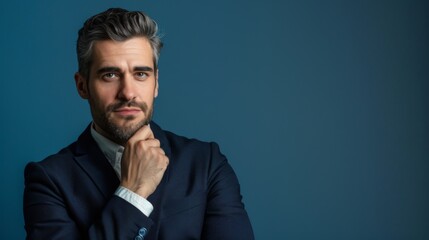 Portrait of a businessman thinking with one hand on his chin looking at camera.&nbsp;Copy space for text,&nbsp;advertising.&nbsp;Business,&nbsp;curiosity,&nbsp;planning,&nbsp;feasibility analysis,&nbsp;solving problem,&nbsp;finding solution