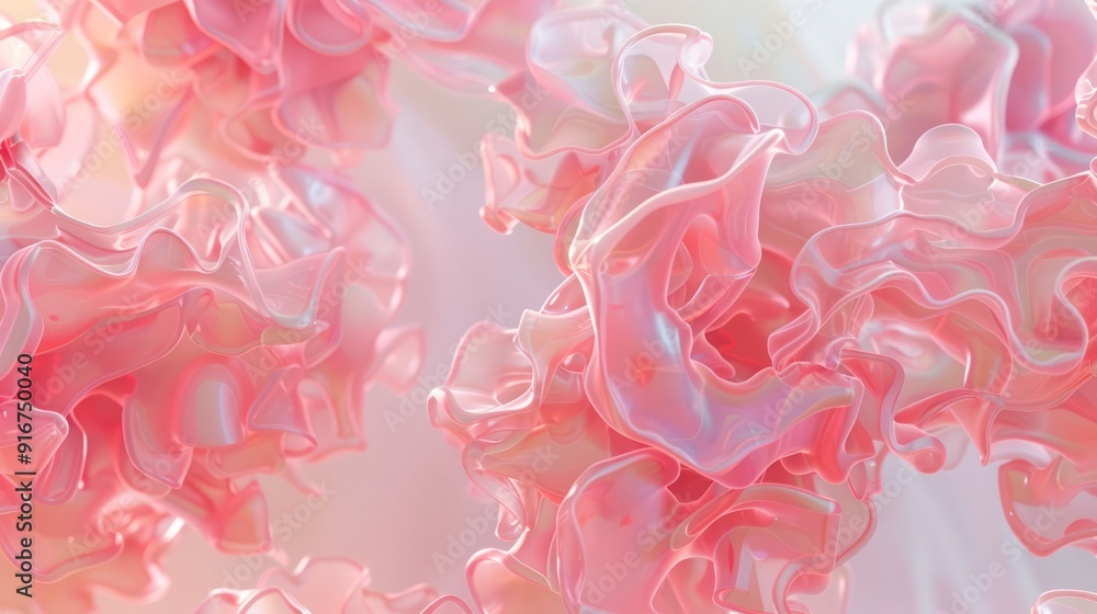 Poster an intricate 3d abstract translucent pink biomorphic forms, floating and intertwining like ethereal 
