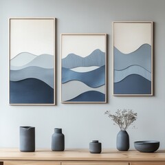 Three paintings of mountains are hanging on a wall. The paintings are framed and are blue and white