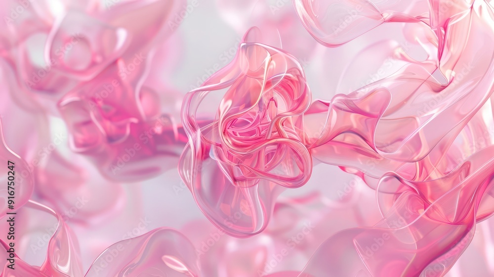 Poster an intricate 3d abstract translucent pink biomorphic forms, floating and intertwining like ethereal 