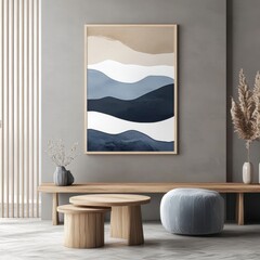 A large painting of mountains and hills is hanging on a wall in a room. The painting is framed in wood and has a blue and white color scheme. The room is decorated with a wooden bench and a vase