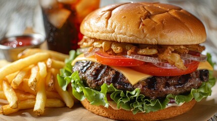 A delicious cheeseburger with crispy onions and fresh toppings served with fries and a cold drink