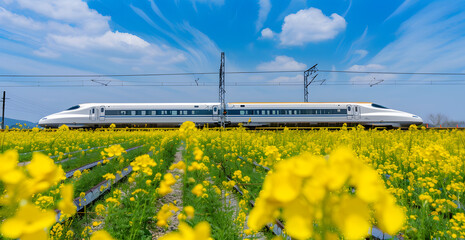 Rapeseed flower fields by the form of a high-speed rail