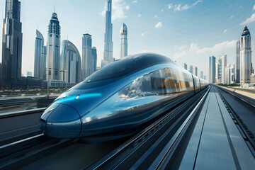 A futuristic technological train driving around the city
