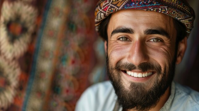 Portrait of smiling Arabic man businessman with beard and traditional hat agal agel